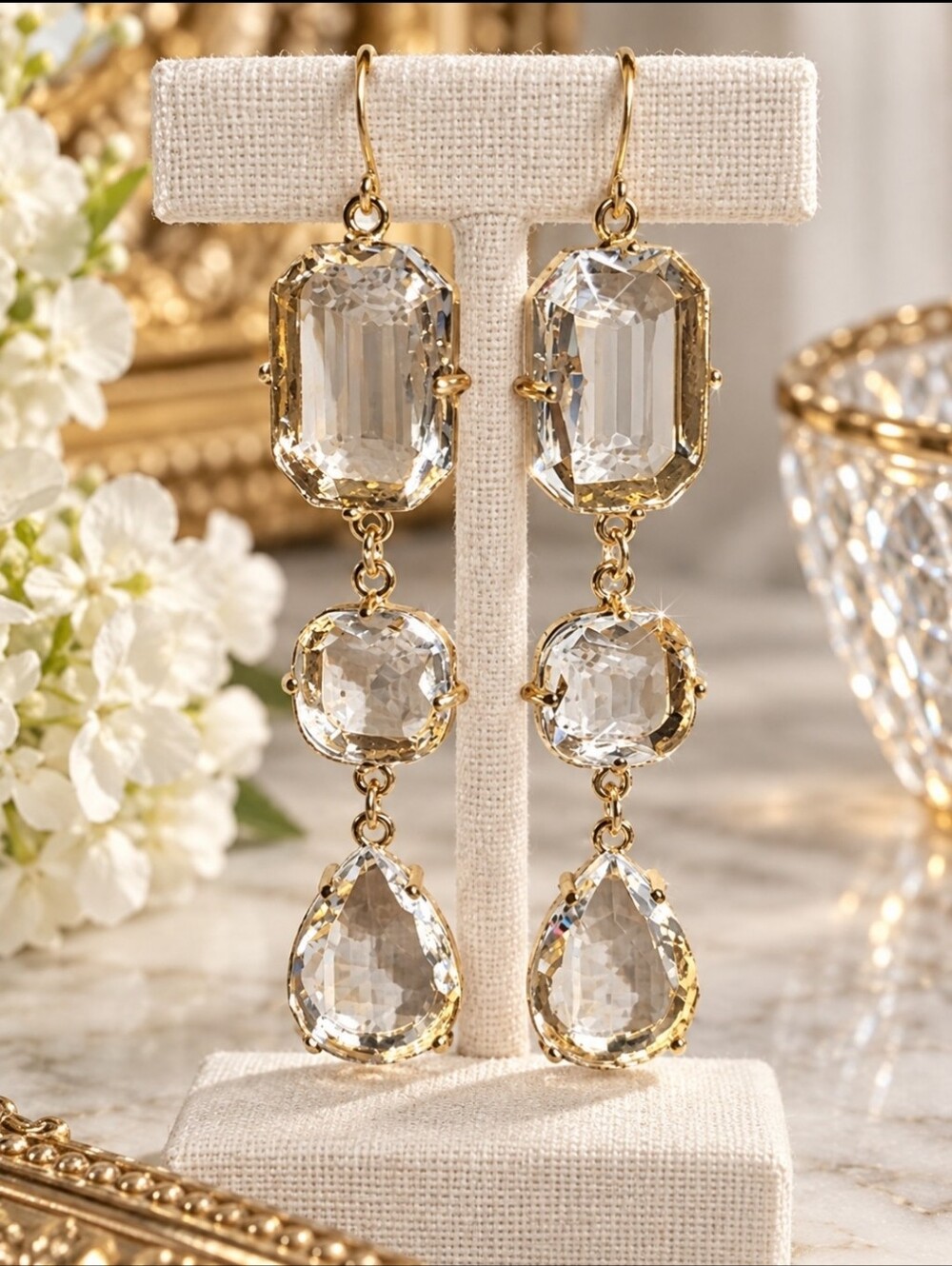 NATASHA Couture Dramatic Gold Tone Long Thick Clear Glass Chandelier Earrings